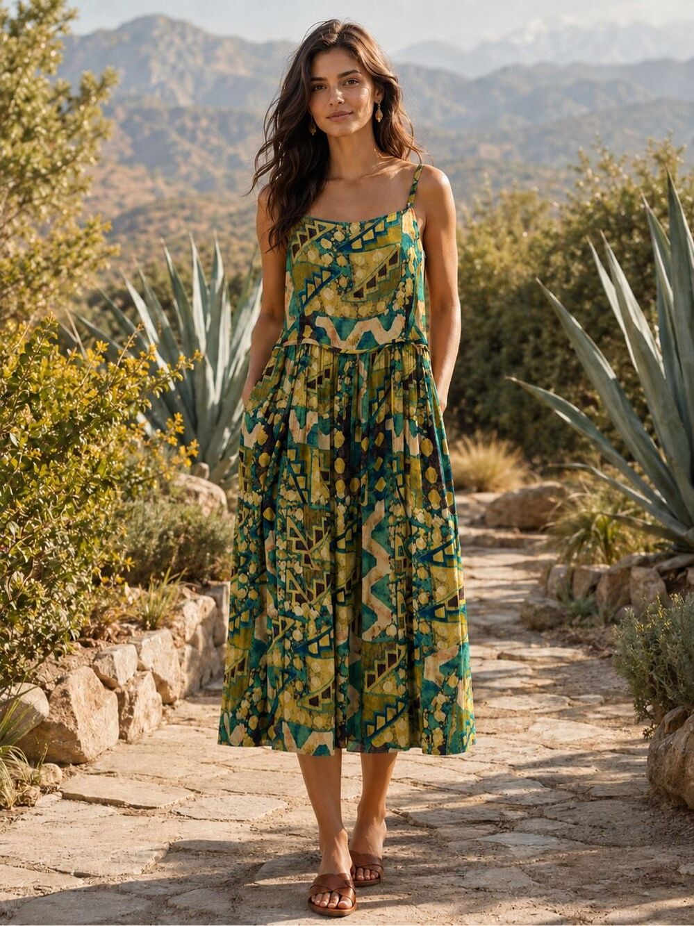 Peruvian Connection Abstract Print Viscose Midi Dress Teal, Brown Size 4